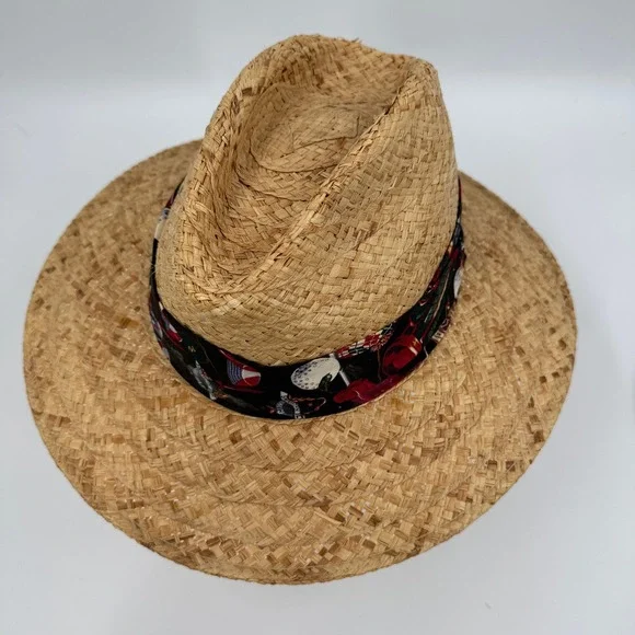 Mango Mango Straw Sun Hat Tan Golf Masters Novelty Print Band Made in USA Fedora